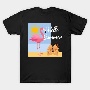 Hello Summer Pink Flamingo Design T-Shirt